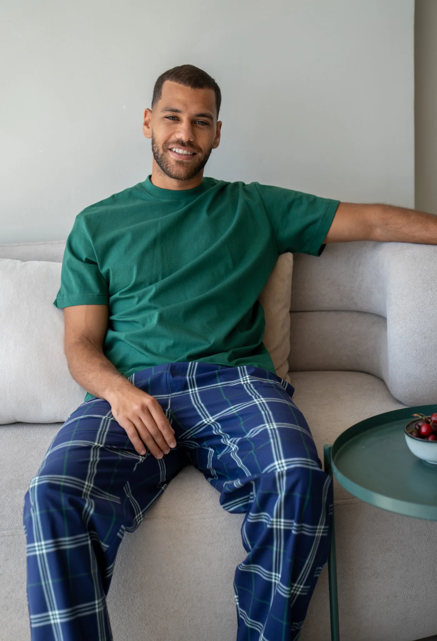 Men summer pajama set Dark Green T-shirt + Dark Blue X Dark Green plaid Pants - Image 3