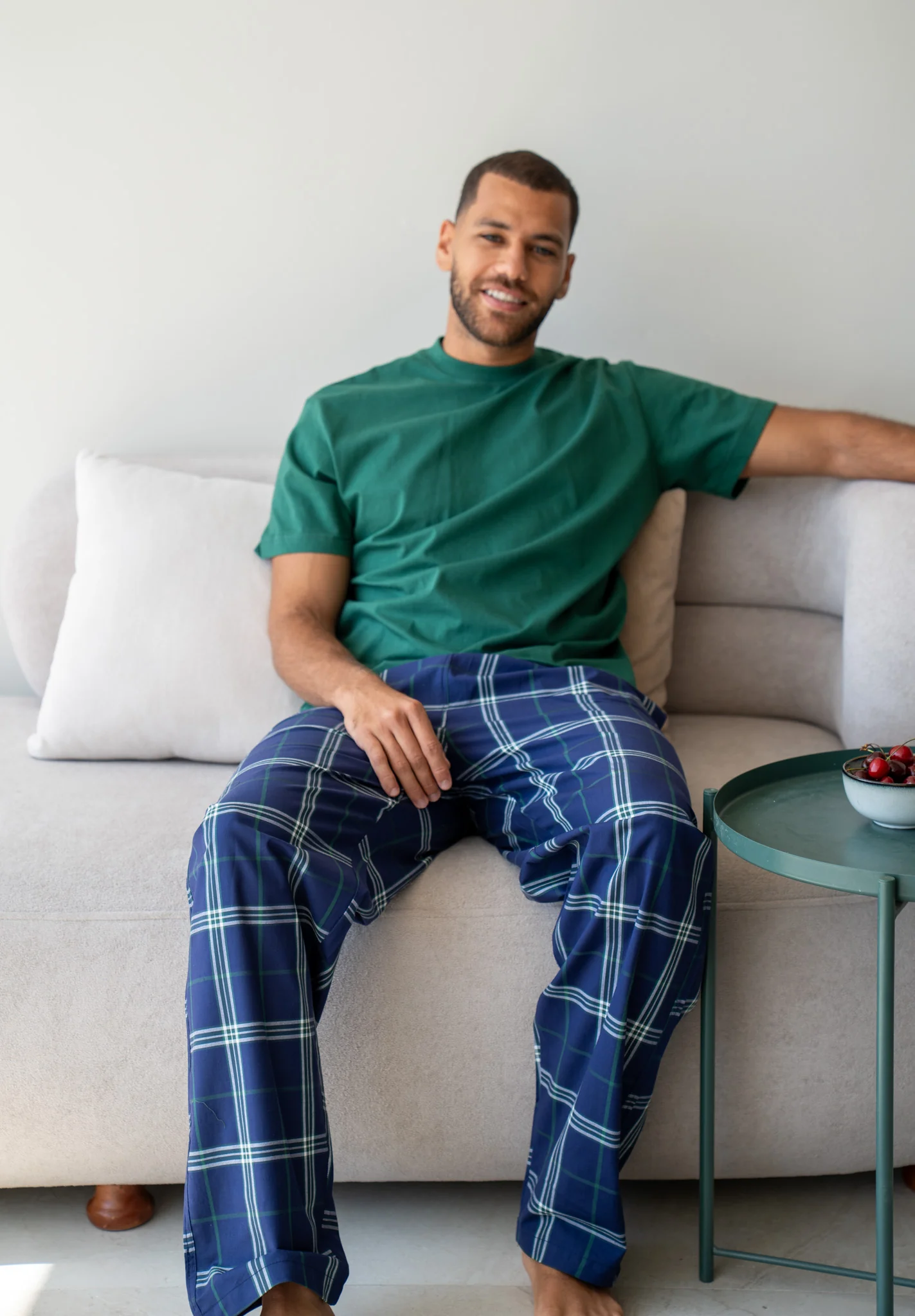 Men summer pajama set Dark Green T-shirt + Dark Blue X Dark Green plaid Pants - Image 4