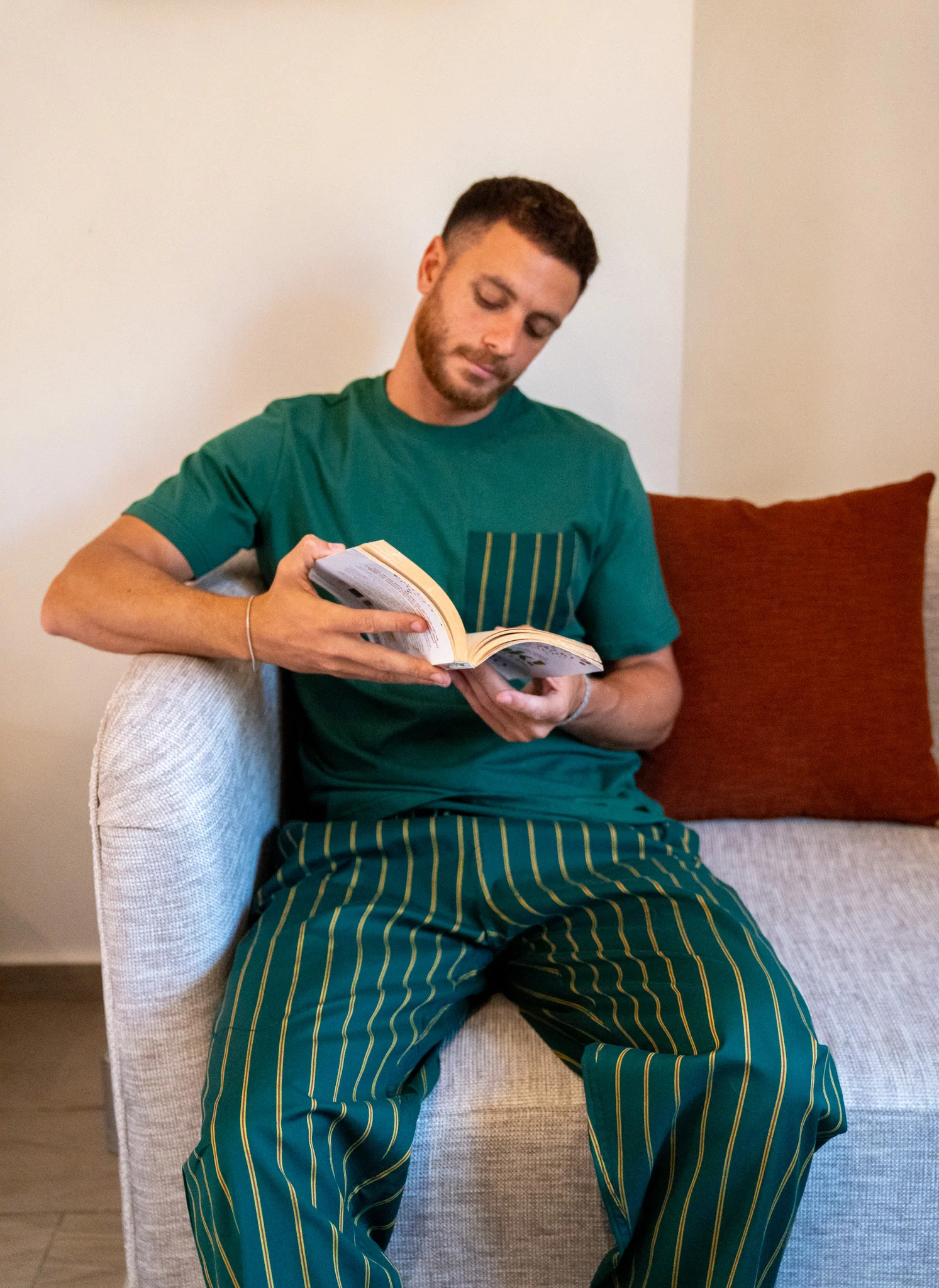 Men summer pajama set Dark Green T-shirt + Green X Orange Striped Pants