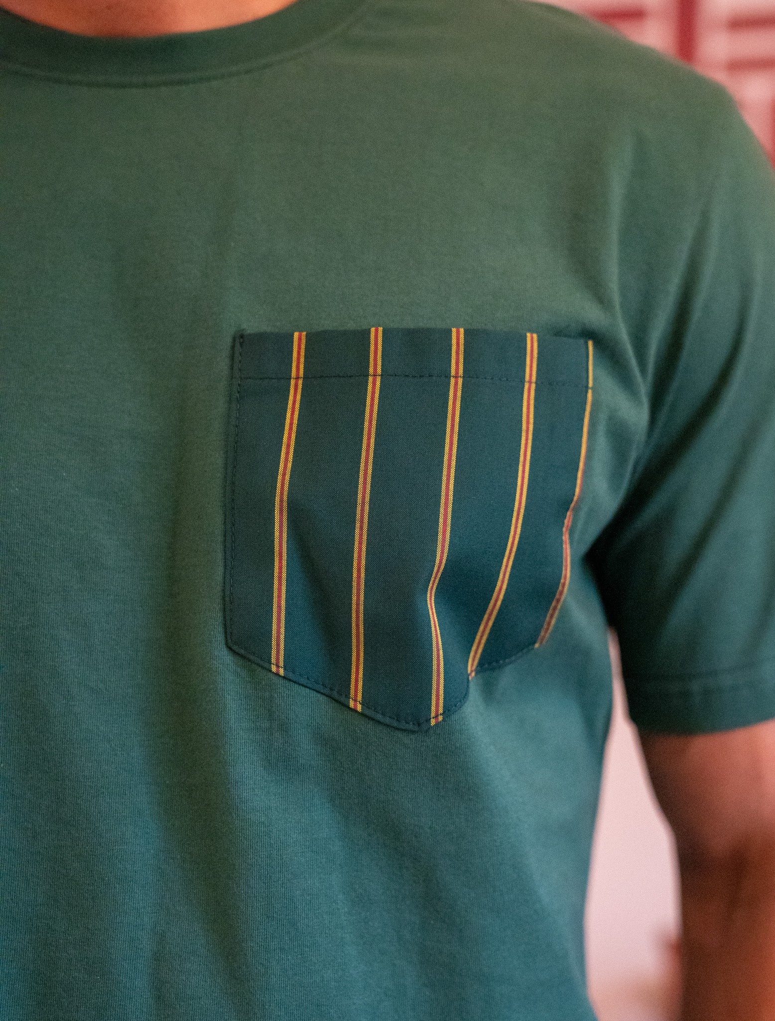 Men summer pajama set Dark Green T-shirt + Green X Orange Striped Pants - Image 2