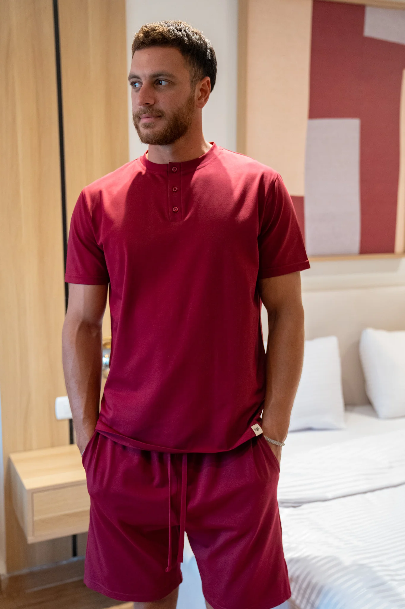 Men summer pajama set Dark Red Buttoned T shirt + Short - Image 2