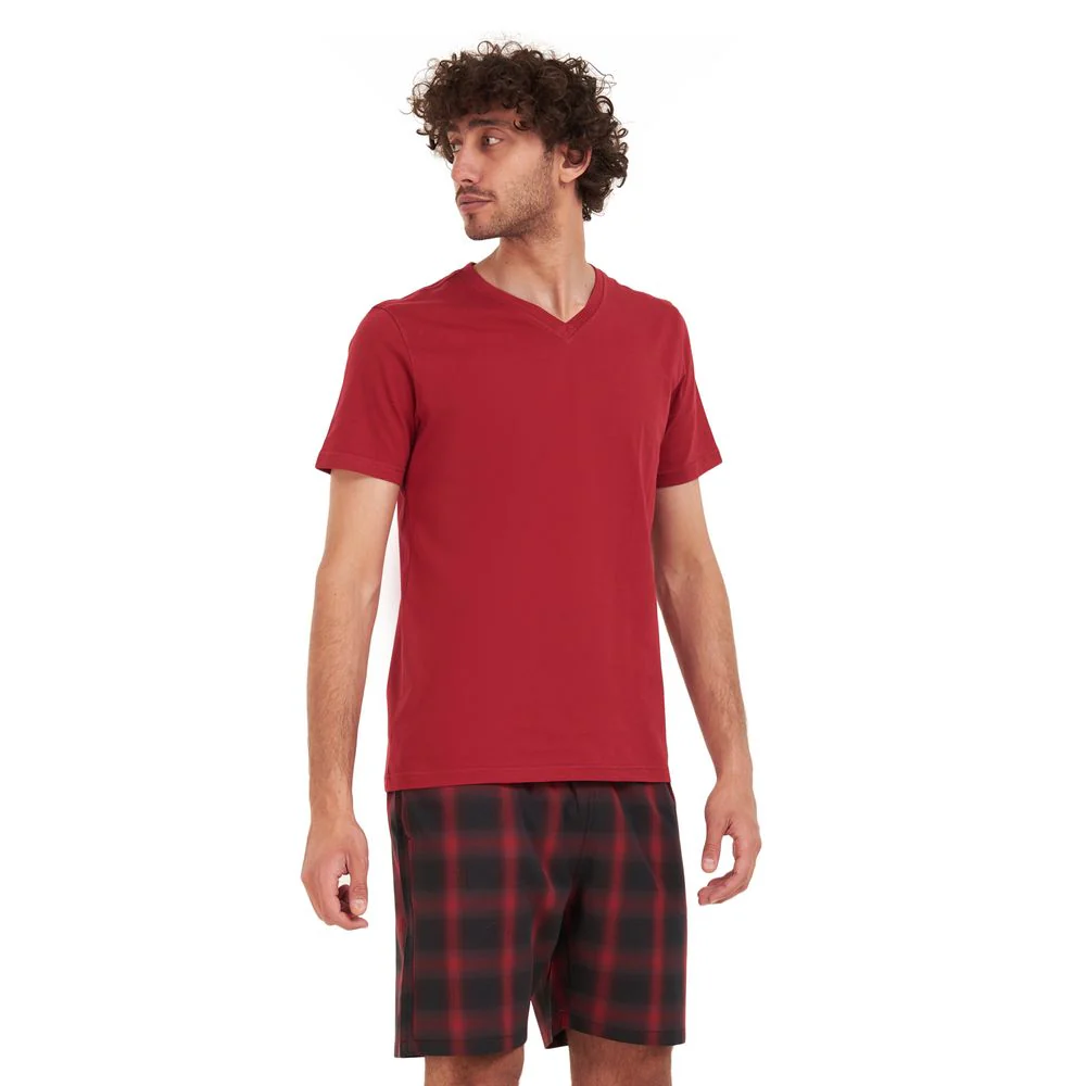 Men summer pajama set Dark red T-shirt + Black x red checkered short
