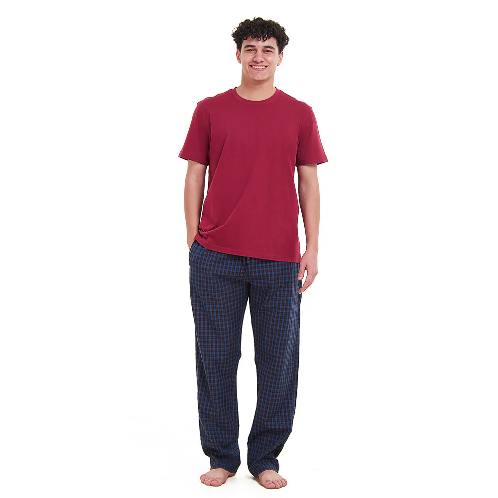 Men summer pajama set Dark Red T-shirt +Blue x Black checkered Pants