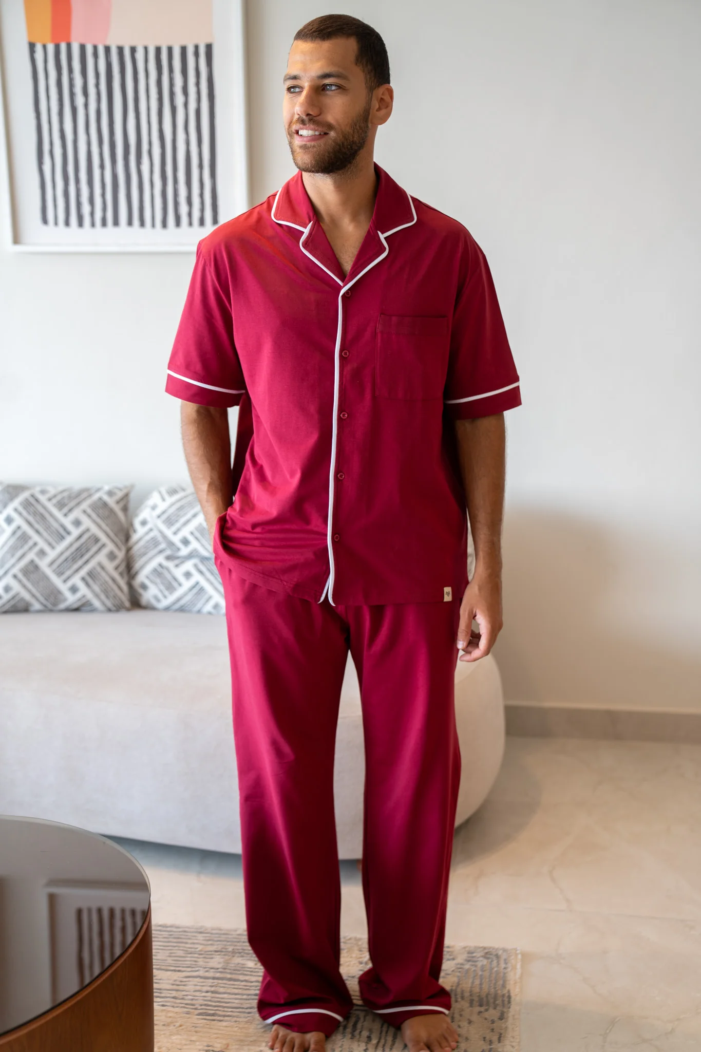 Men summer pajama set Dark Red T-shirt + Pants - Image 2