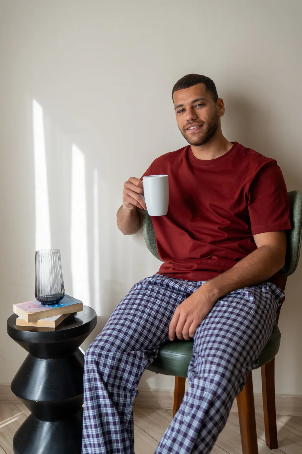 Men summer pajama set Dark Red T-shirt + Red X Navy Classic Checkered Pants
