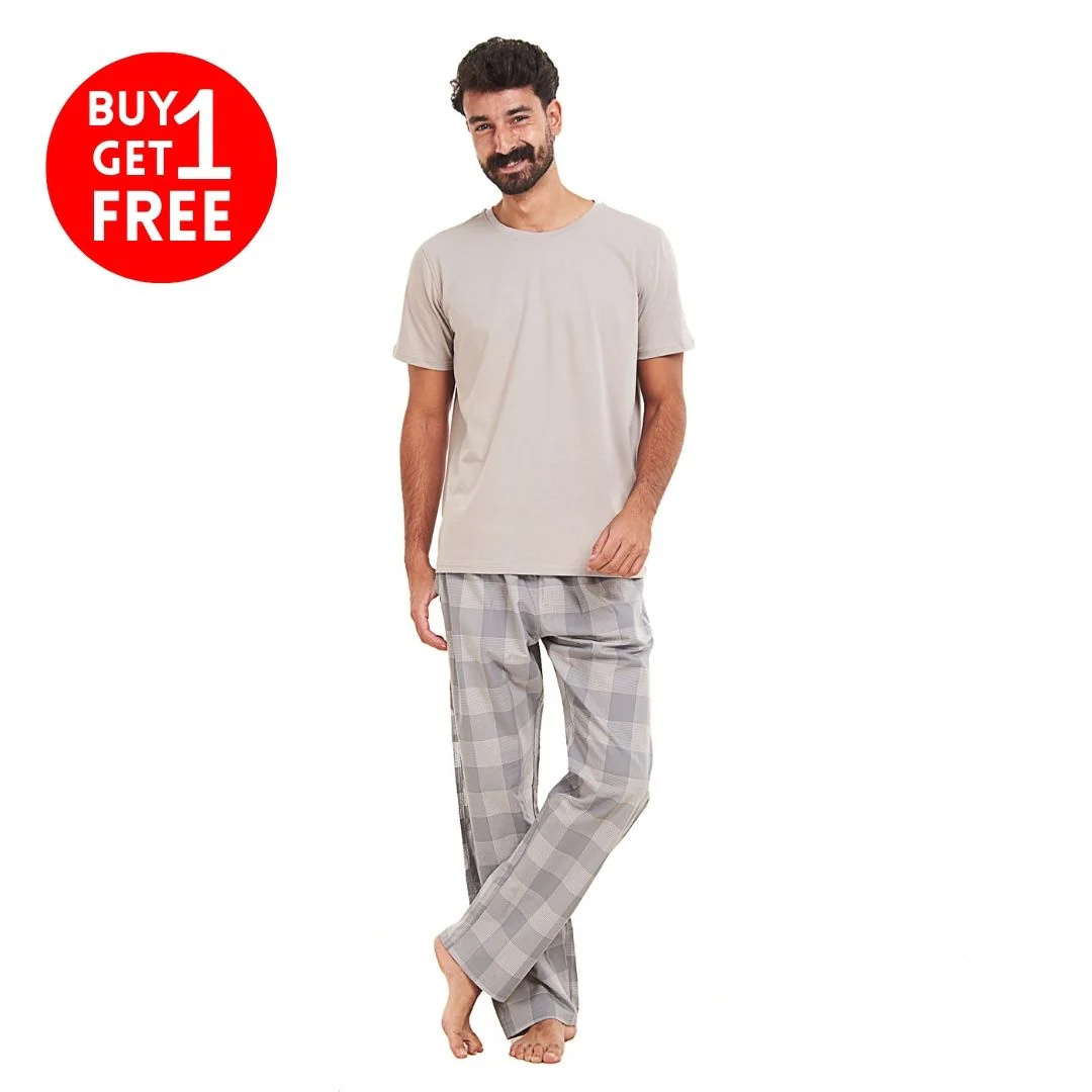 Men summer pajama set Grey T-shirt + Grey checkered Pants