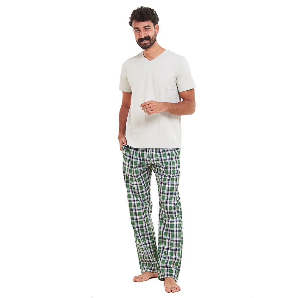 Men summer pajama set Grey T-shirt + Green x Dark Blue checkered Pants