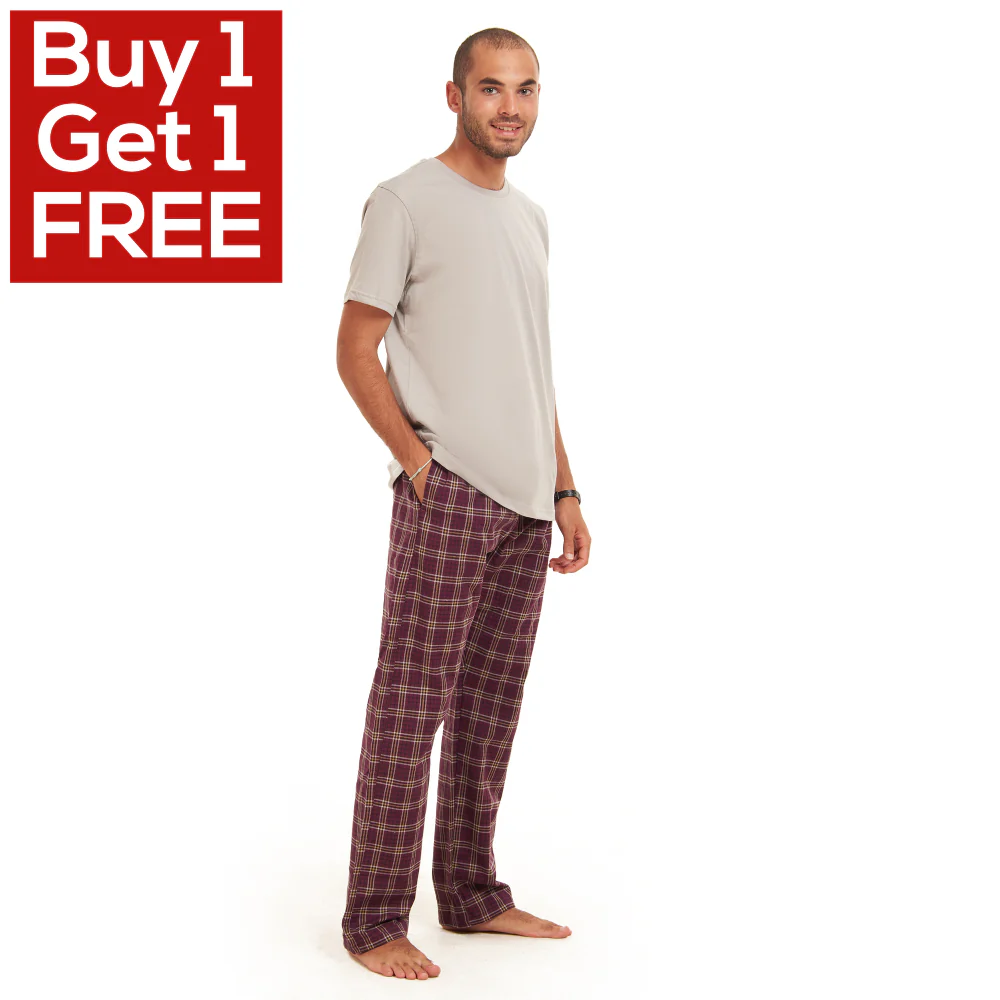 Men summer pajama set  Grey T-shirt +Maroon Checkered pants