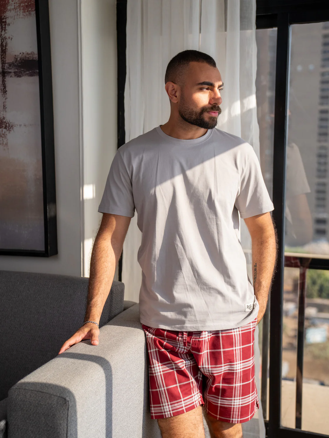 Men summer pajama set Greyish T-shirt + Dark Red X Greyish Tartan Plaid Short