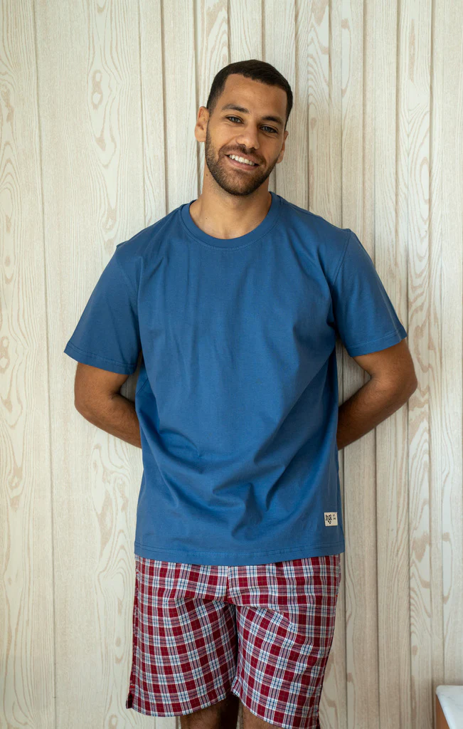 Men summer pajama set Indigo T-shirt + Dark Red X Indigo Checkered Short
