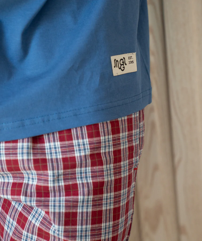 Men summer pajama set Indigo T-shirt + Dark Red X Indigo Checkered Short - Image 2