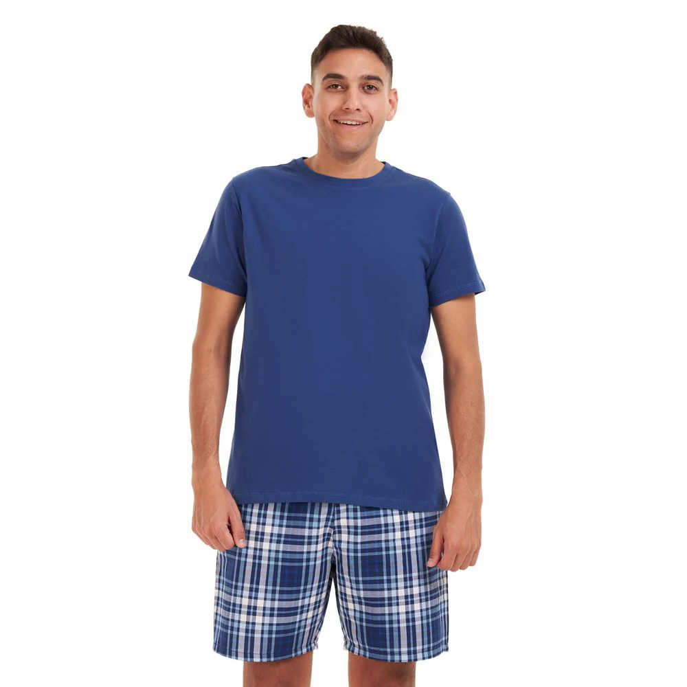 Men summer pajama set Indigo T-shirt +Light blue checkered shorts