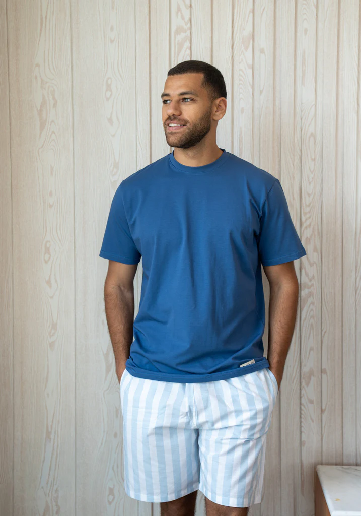 Men summer pajama set Indigo T-shirt + Light Blue X White Striped Short