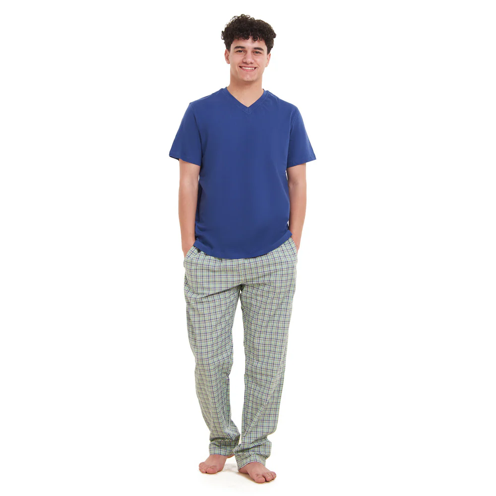 Men summer pajama set  Indigo T-shirt + Olive x Indigo Checkered Pants