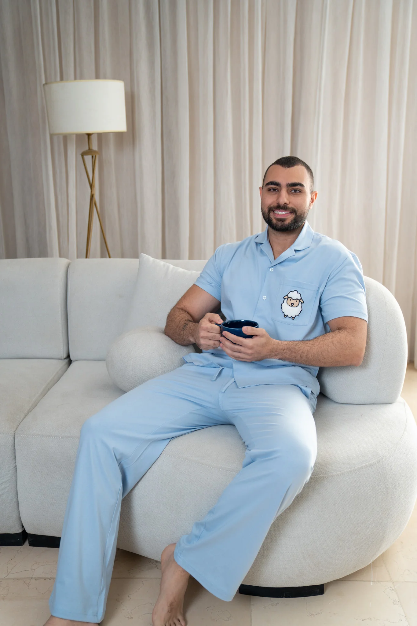 Men Summer Sheep PJ Set Light Blue Buttoned Shirt + Pants - Image 3