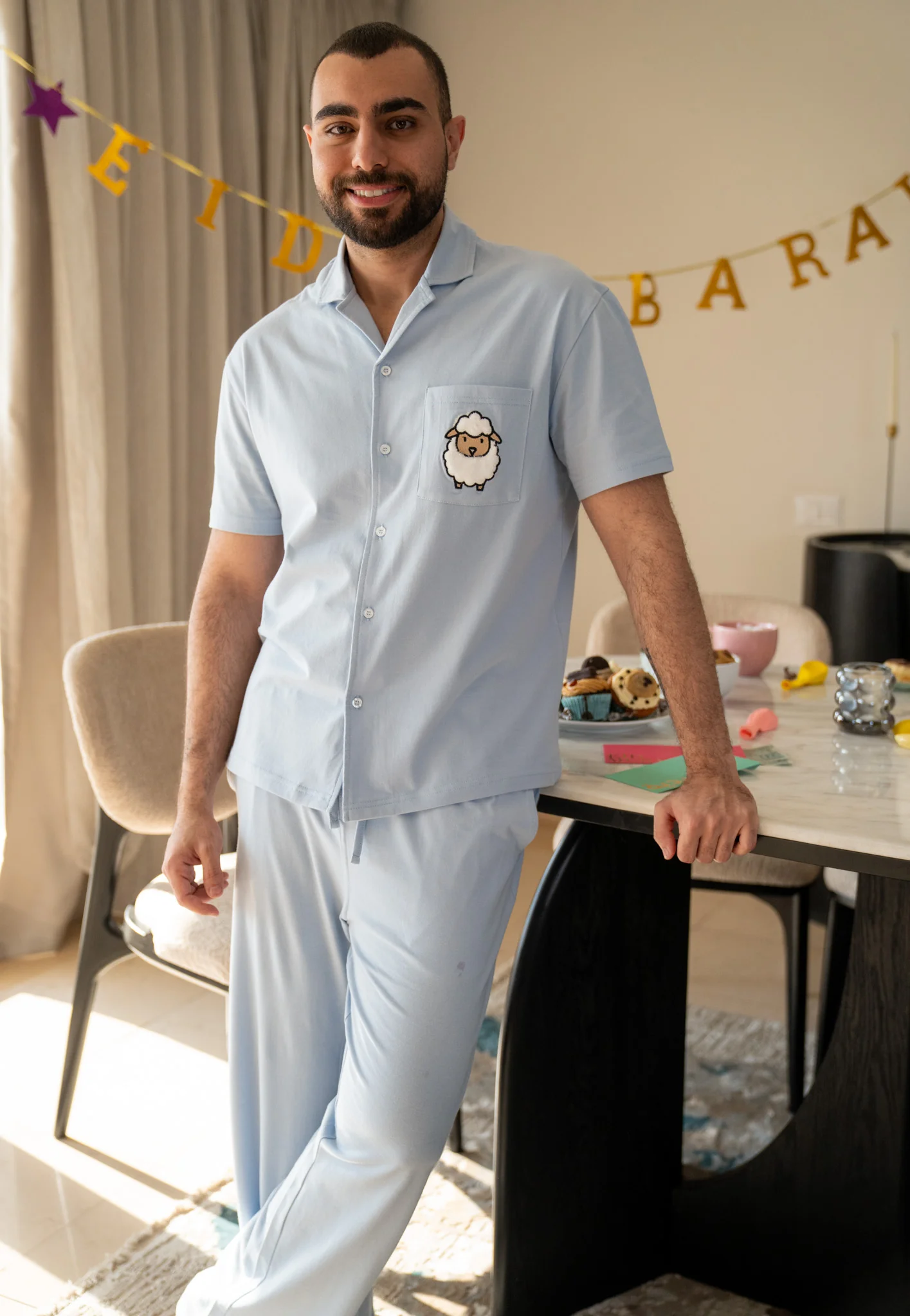 Men Summer Sheep PJ Set Light Blue Buttoned Shirt + Pants - Image 4