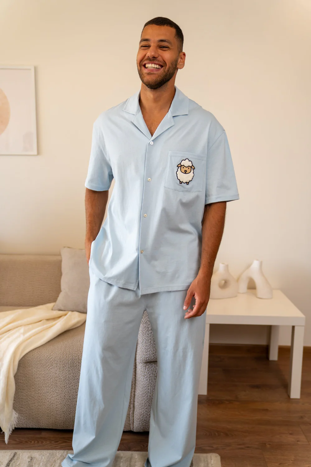Men Summer Sheep PJ Set Light Blue Buttoned Shirt + Pants - Image 5