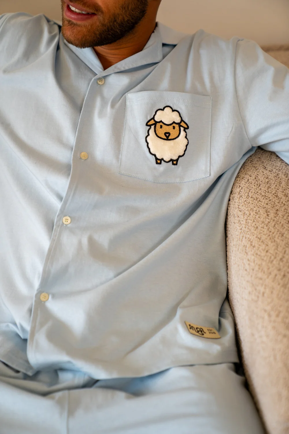 Men Summer Sheep PJ Set Light Blue Buttoned Shirt + Pants - Image 6
