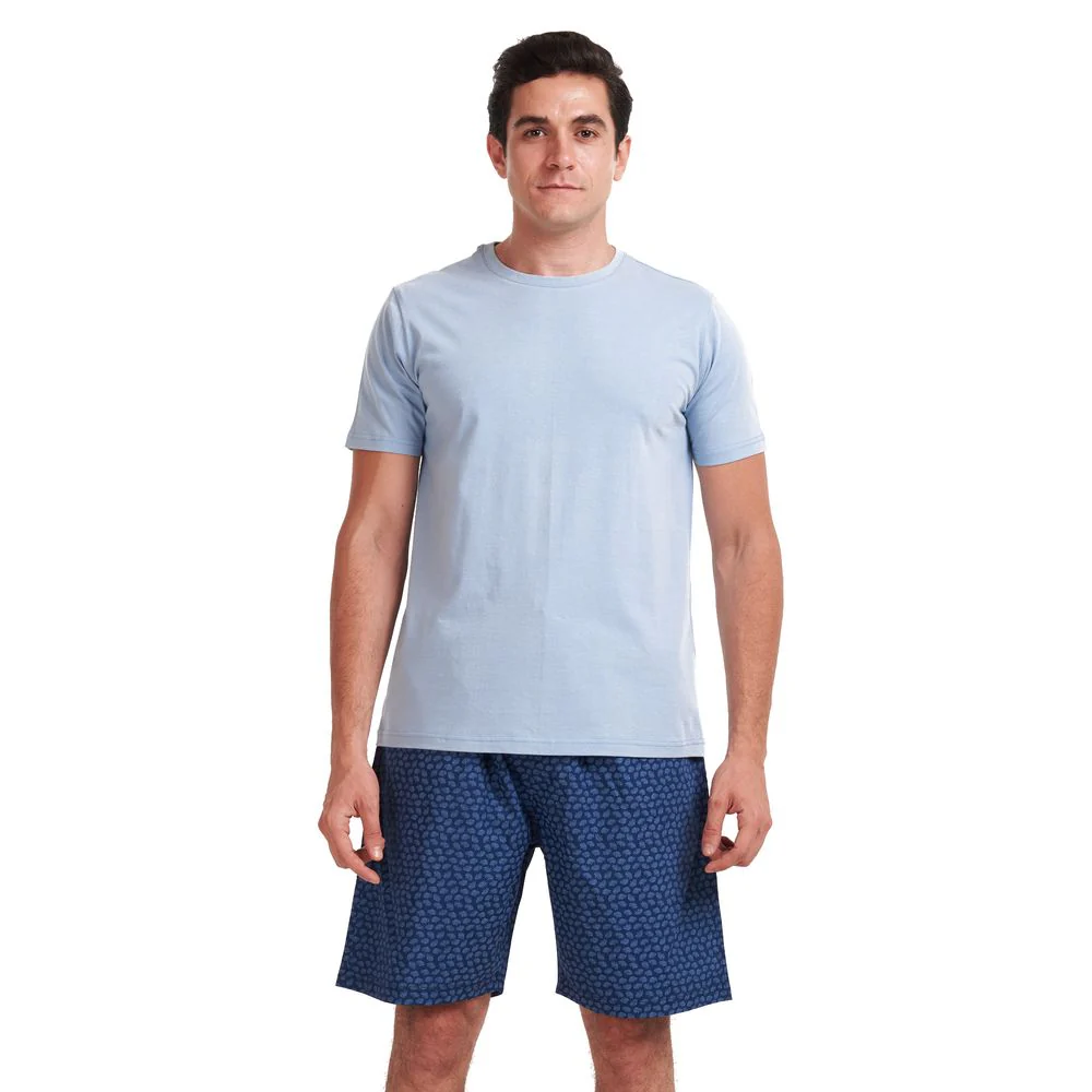 Men summer pajama set Light blue T-shirt +Blue leaves shorts