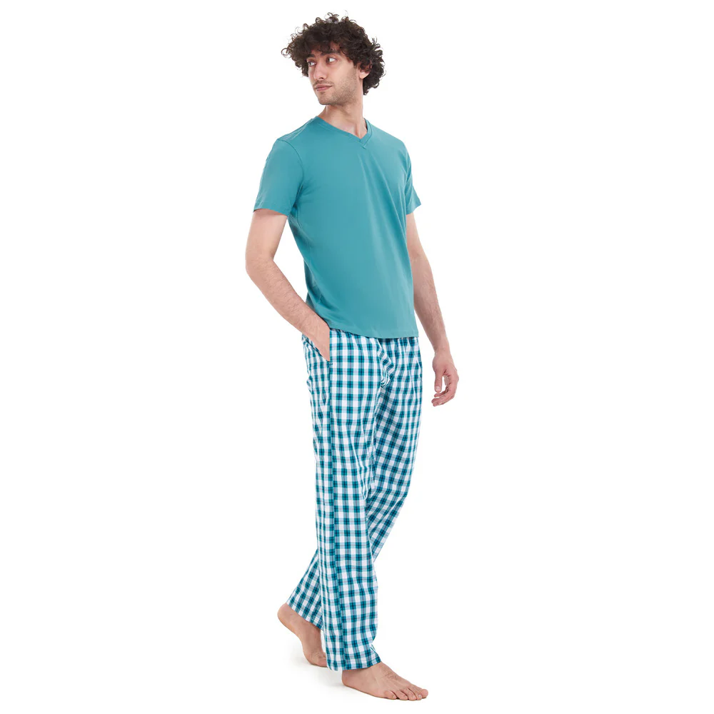 Men summer pajama set Light Green T-shirt + Green Checkered pants