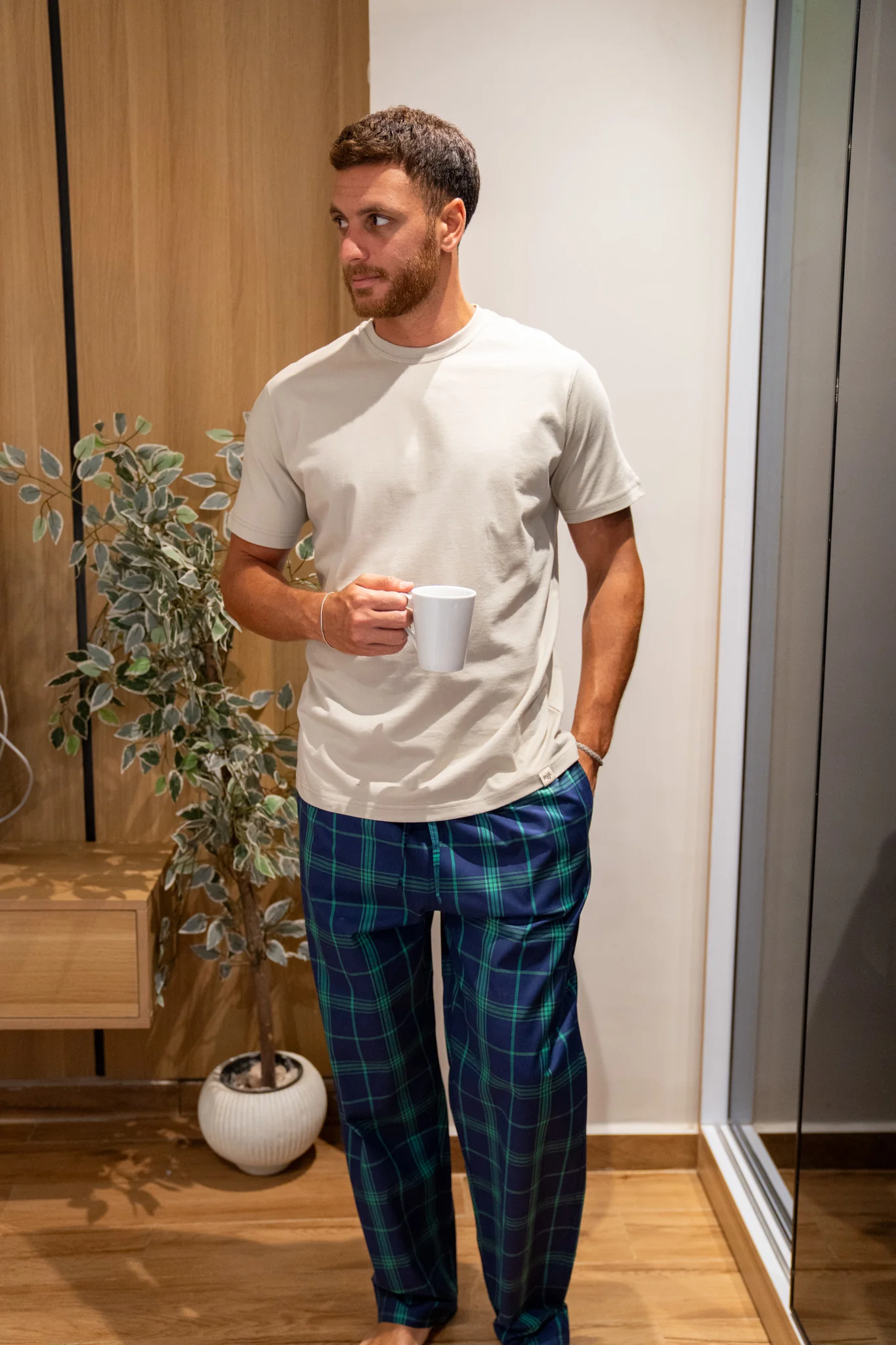 Men summer pajama set Light Grey T-shirt + Dark Green X Dark Blue Plaid Pants - Image 2