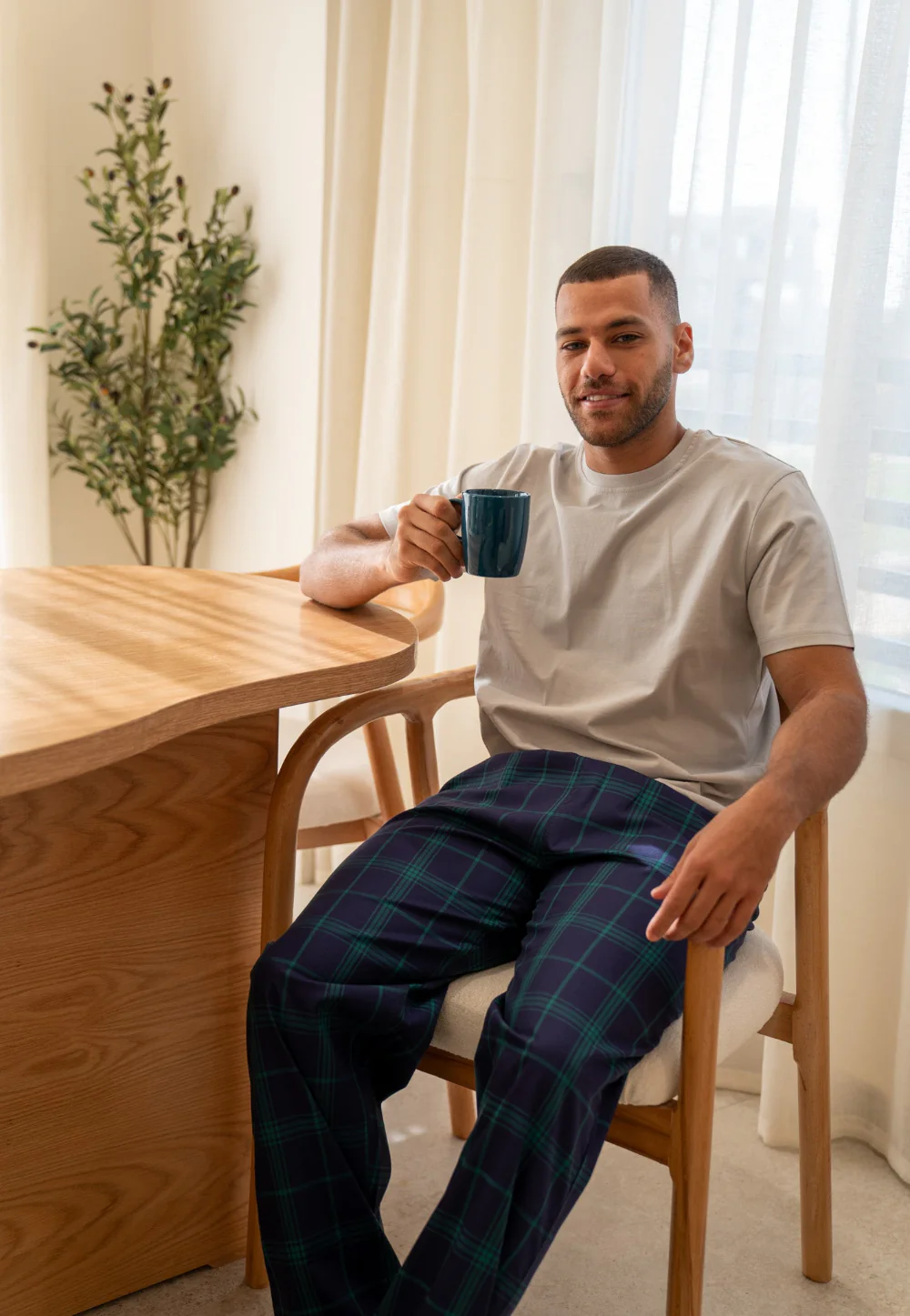 Men summer pajama set Light Grey T-shirt + Dark Green X Dark Blue Plaid Pants - Image 3