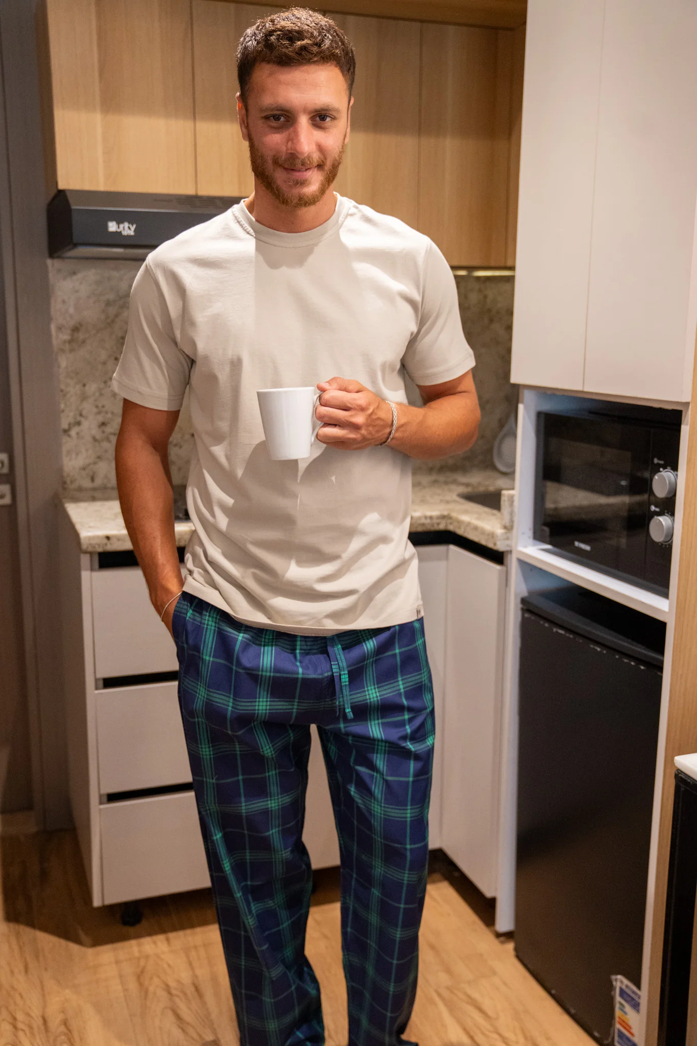 Men summer pajama set Light Grey T-shirt + Dark Green X Dark Blue Plaid Pants - Image 6
