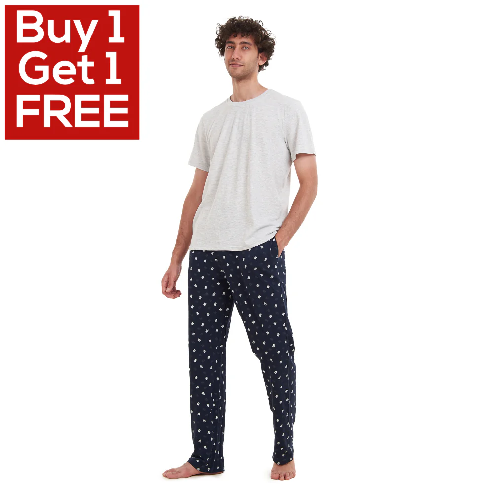 Men summer pajama set Light Grey T-shirt + Black Leaves pants