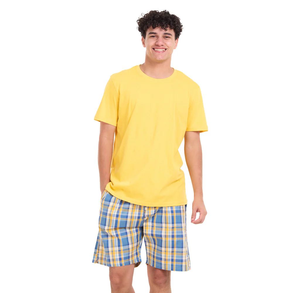 Men summer pajama set Mustard T-shirt + Light blue x Mustard Checkered shorts