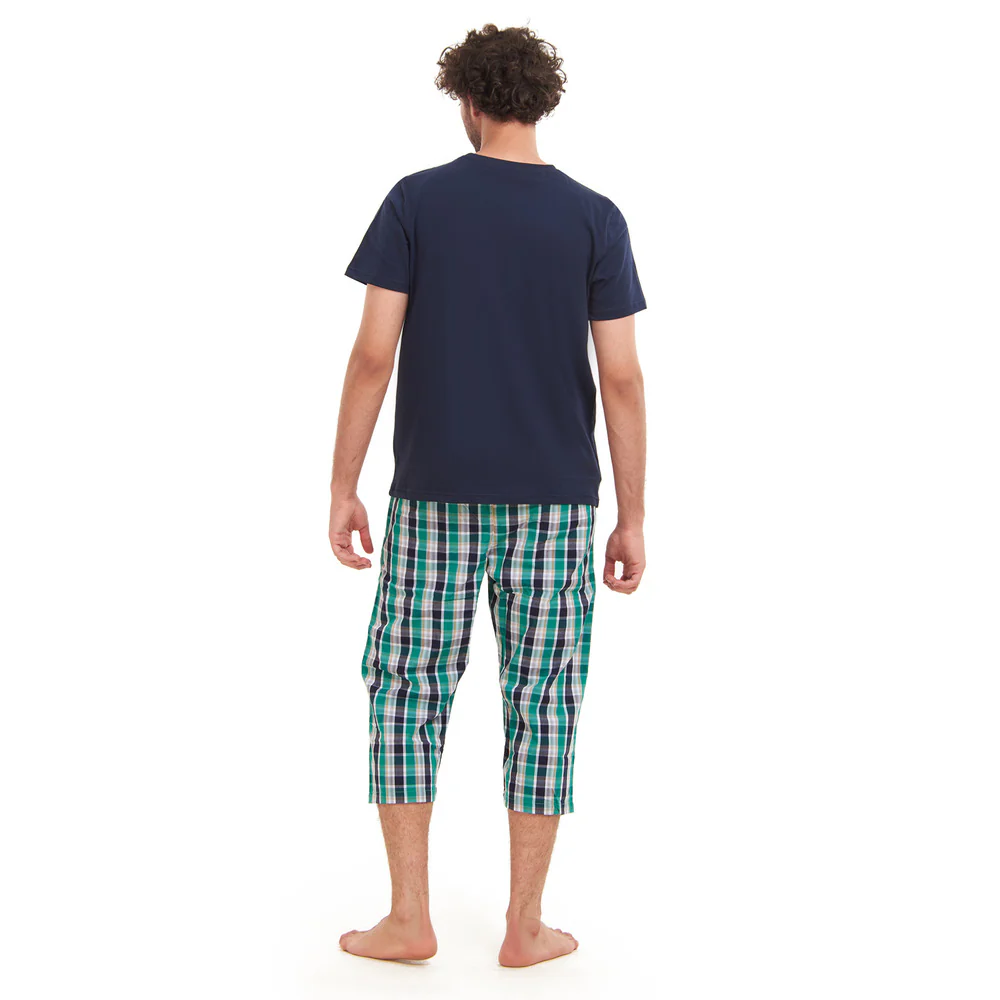 Men summer pajama set  Navy T-shirt +Green X Navy checkered Pantacor - Image 3