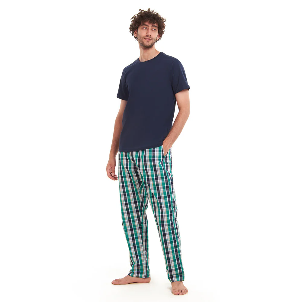 Men summer pajama set  Navy T-shirt + Green X Navy checkered Pants