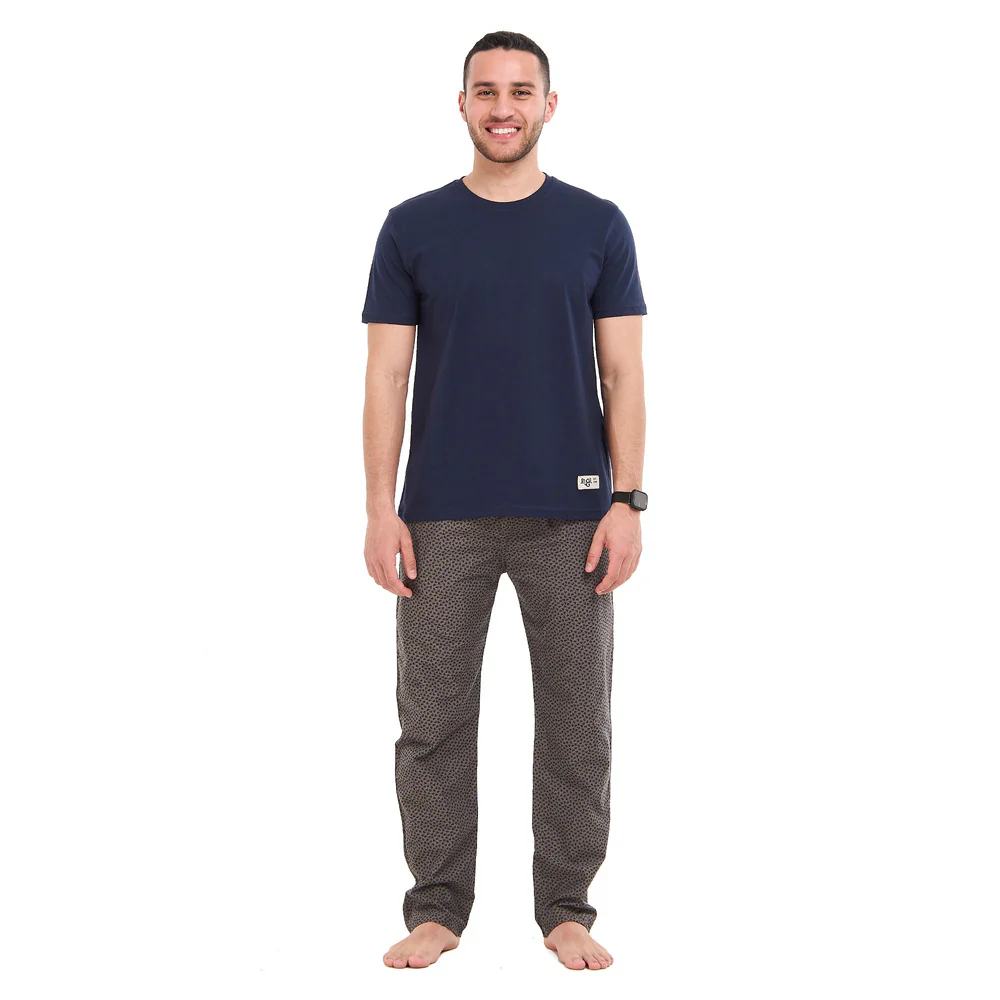 Men summer pajama set Navy T-shirt + Grey X Navy leaves Pants