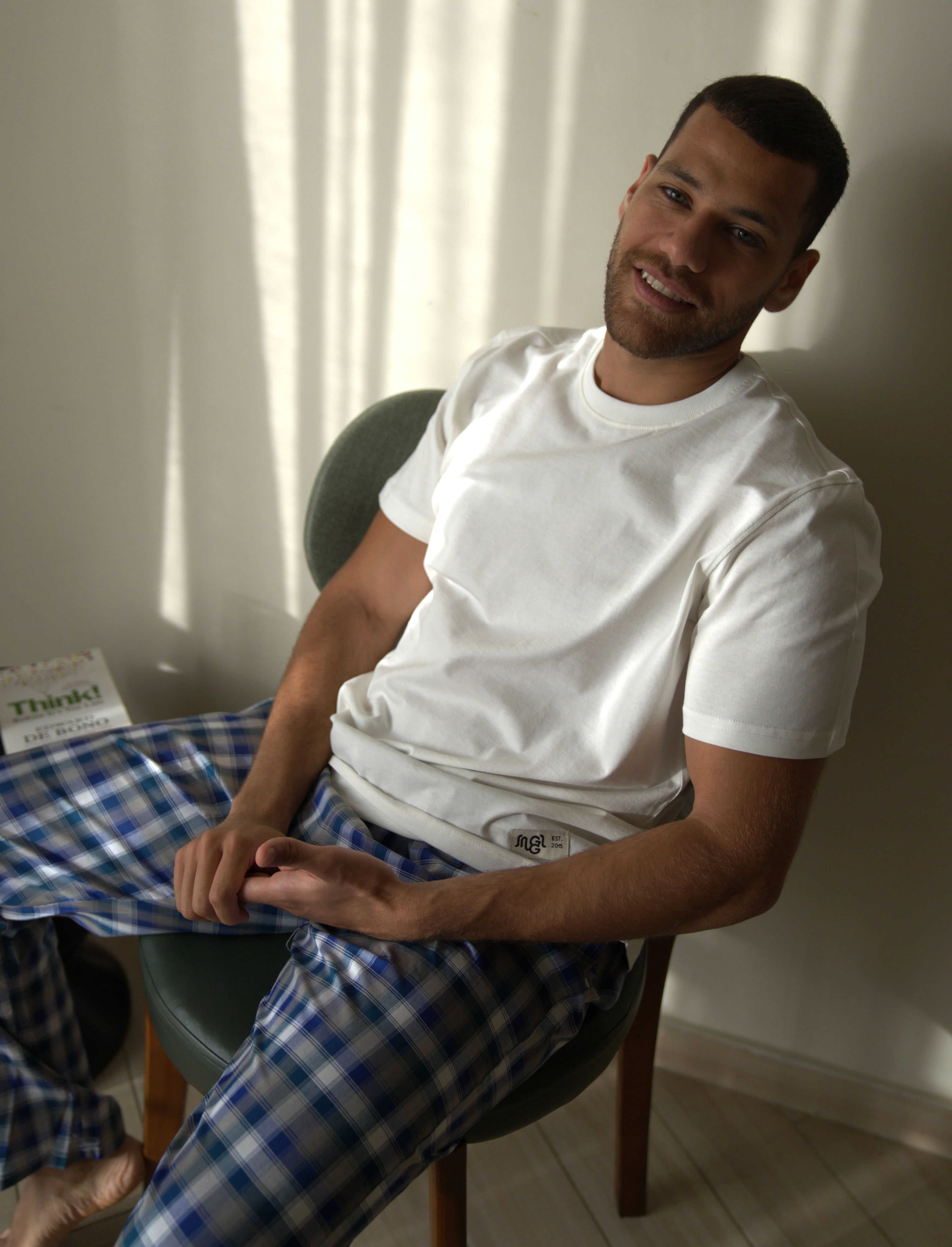 Men summer pajama set Off White T-shirt + Blue X Grey Checkered Pants