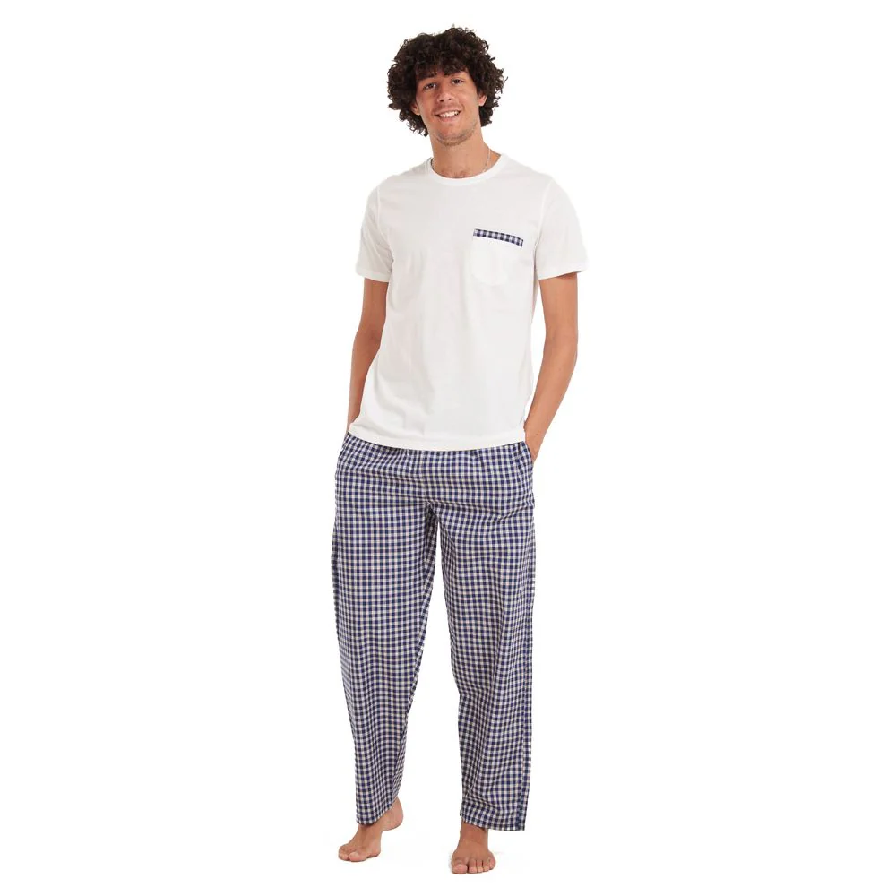 Men summer pajama set Off-white T-shirt +Dark blue checkered pants