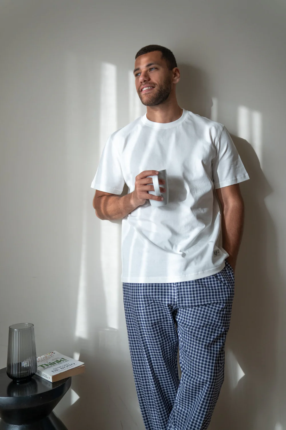 Men summer pajama set Off White T-shirt + Dark Blue Mini Checkered Pants