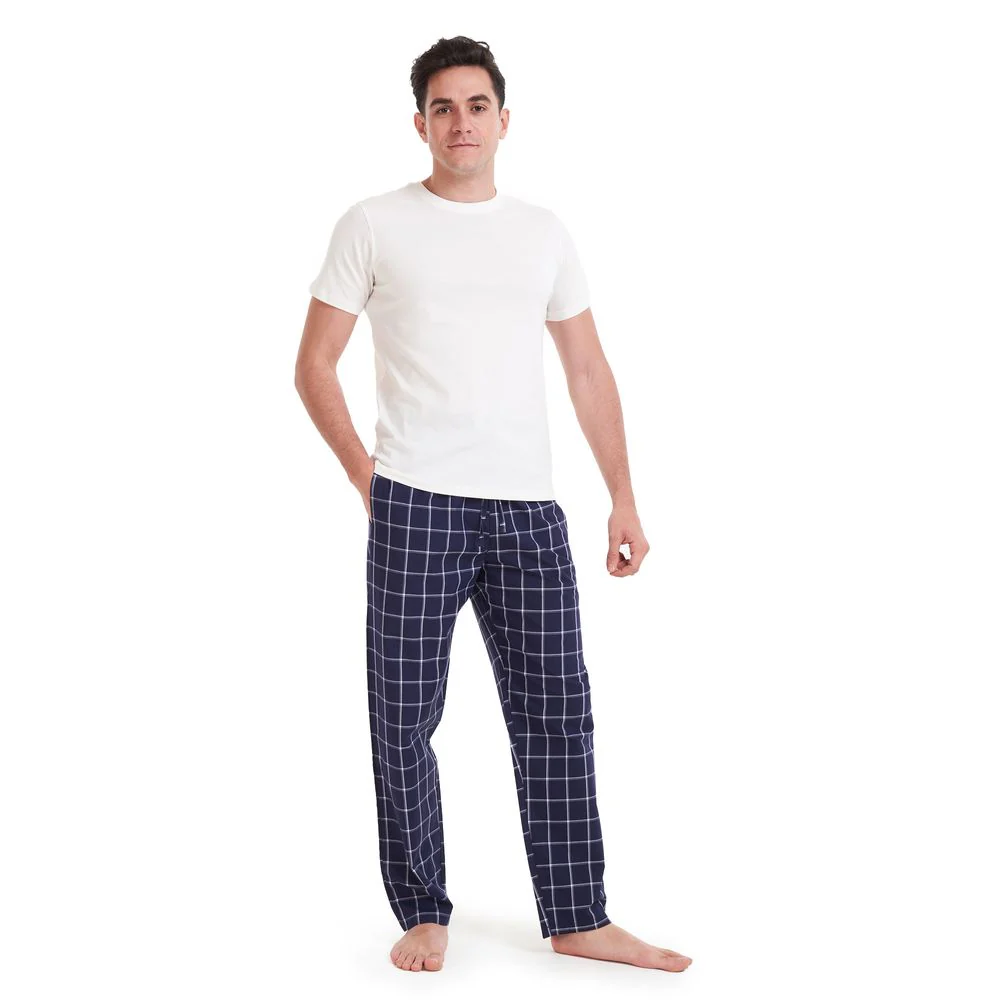 Men summer pajama set Off White T-shirt + Dark Blue x Grey Checkered pants
