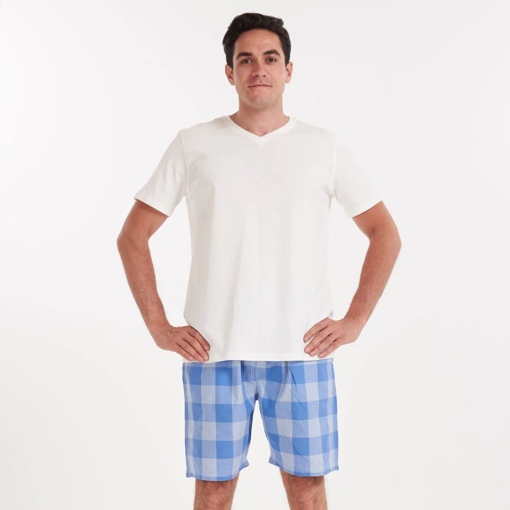 Men summer pajama set Off white v-neck t-shirt + Light blue checkered shorts