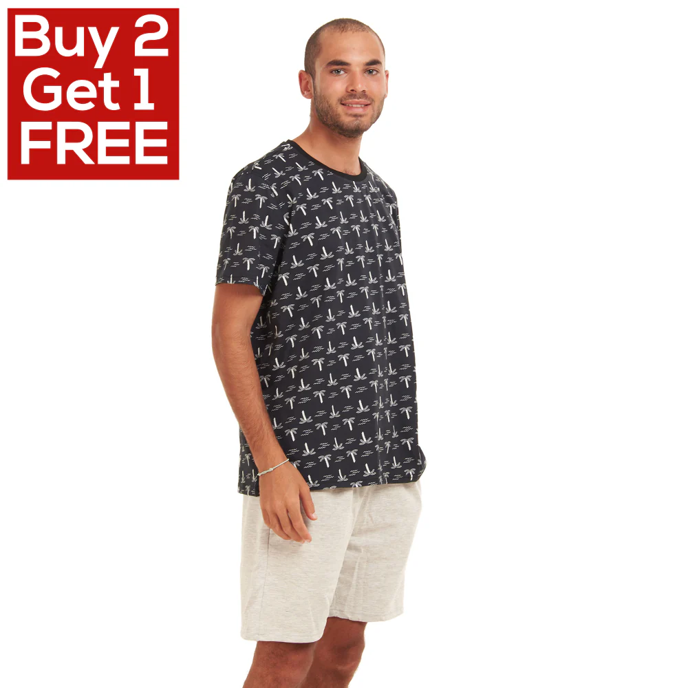 Men summer pajama set Palm trees T-shirt +Grey shorts