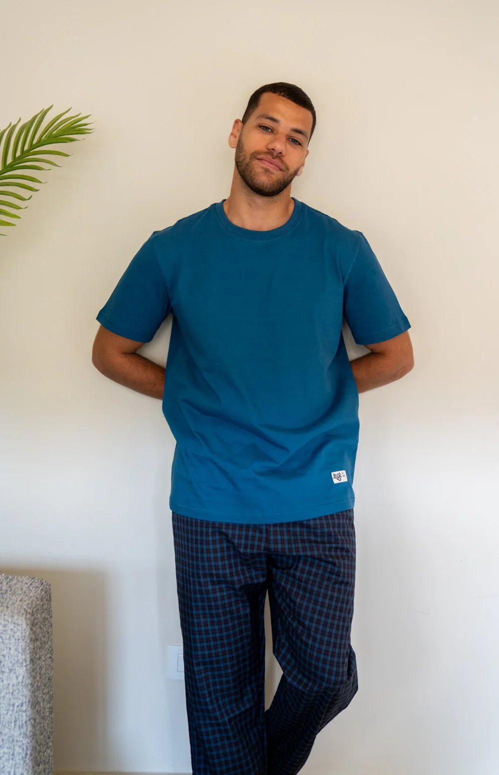 Men summer pajama set Petroleum T-shirt + Indigo X Red Tartan Pants