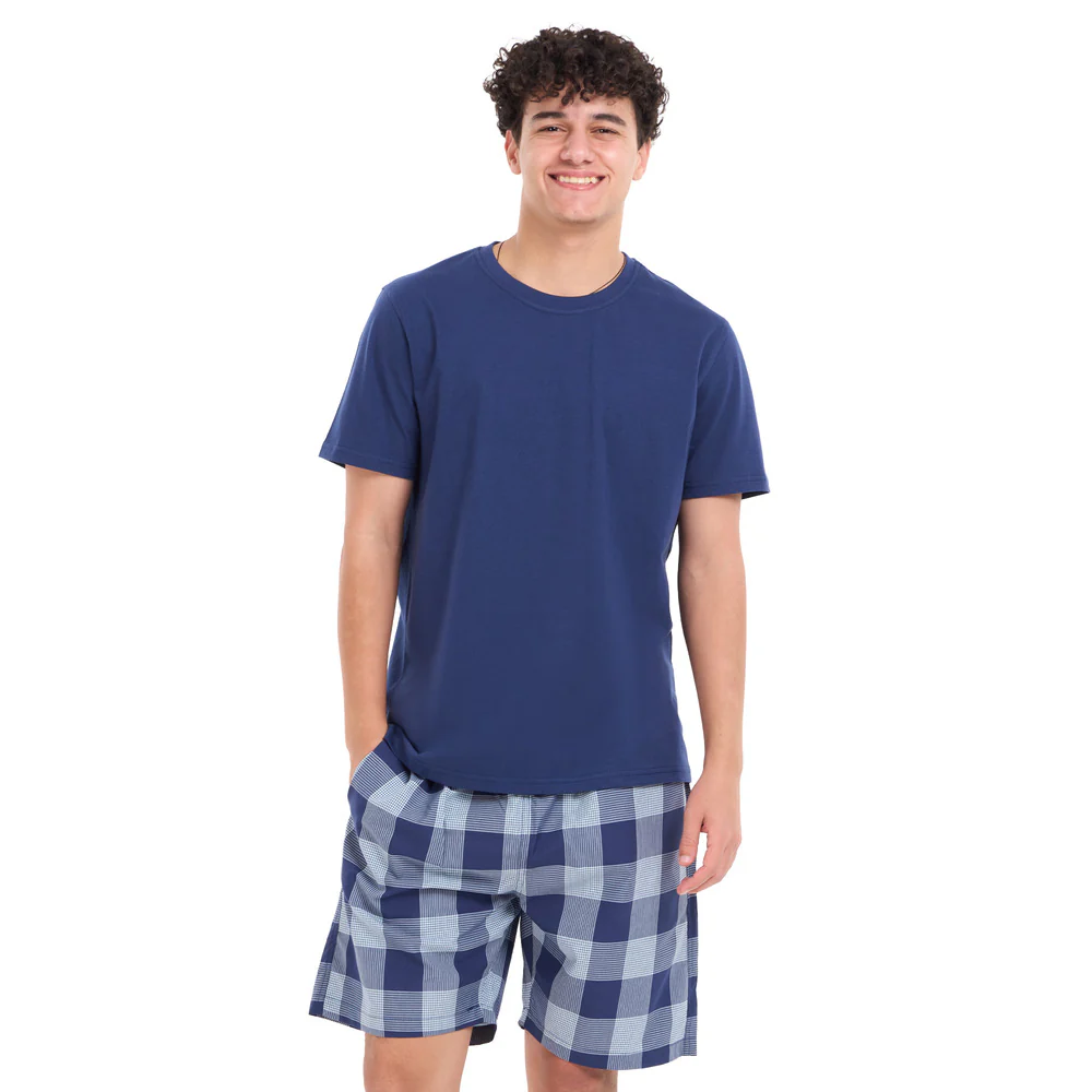 Men summer pajama set Dark blue T-shirt + Light blue x dark blue Checkered shorts