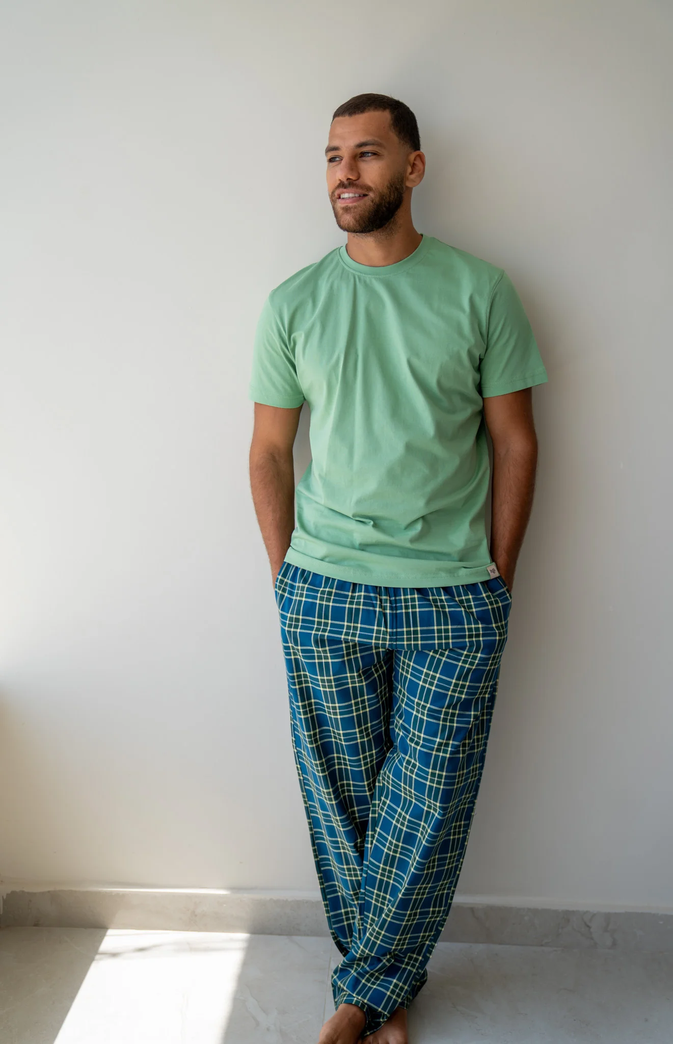 Men summer pajama set Pistache T-shirt + Navy Blue X Pistache Tartan Pants