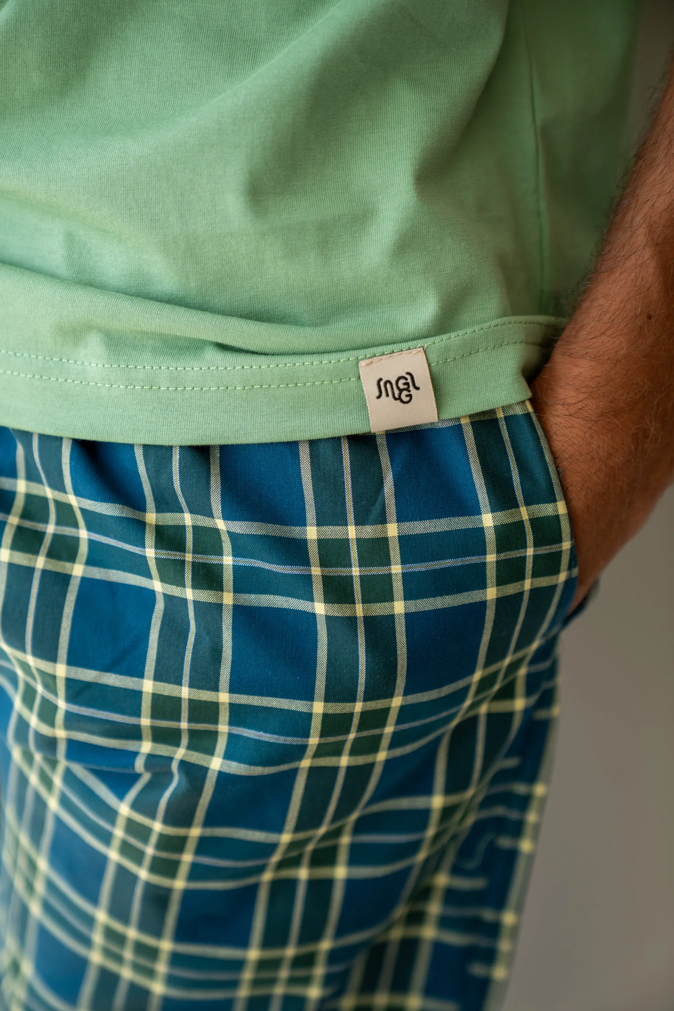 Men summer pajama set Pistache T-shirt + Navy Blue X Pistache Tartan Pants - Image 2