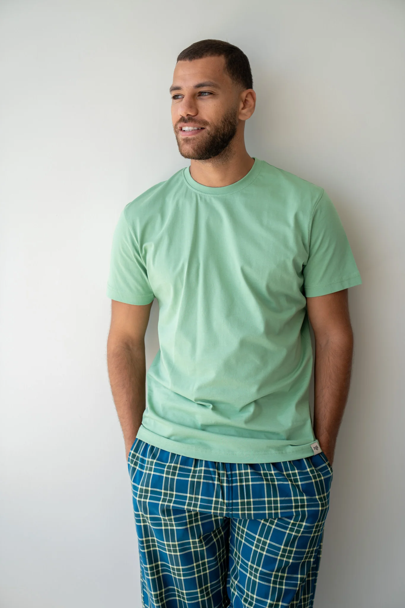 Men summer pajama set Pistache T-shirt + Navy Blue X Pistache Tartan Pants - Image 3