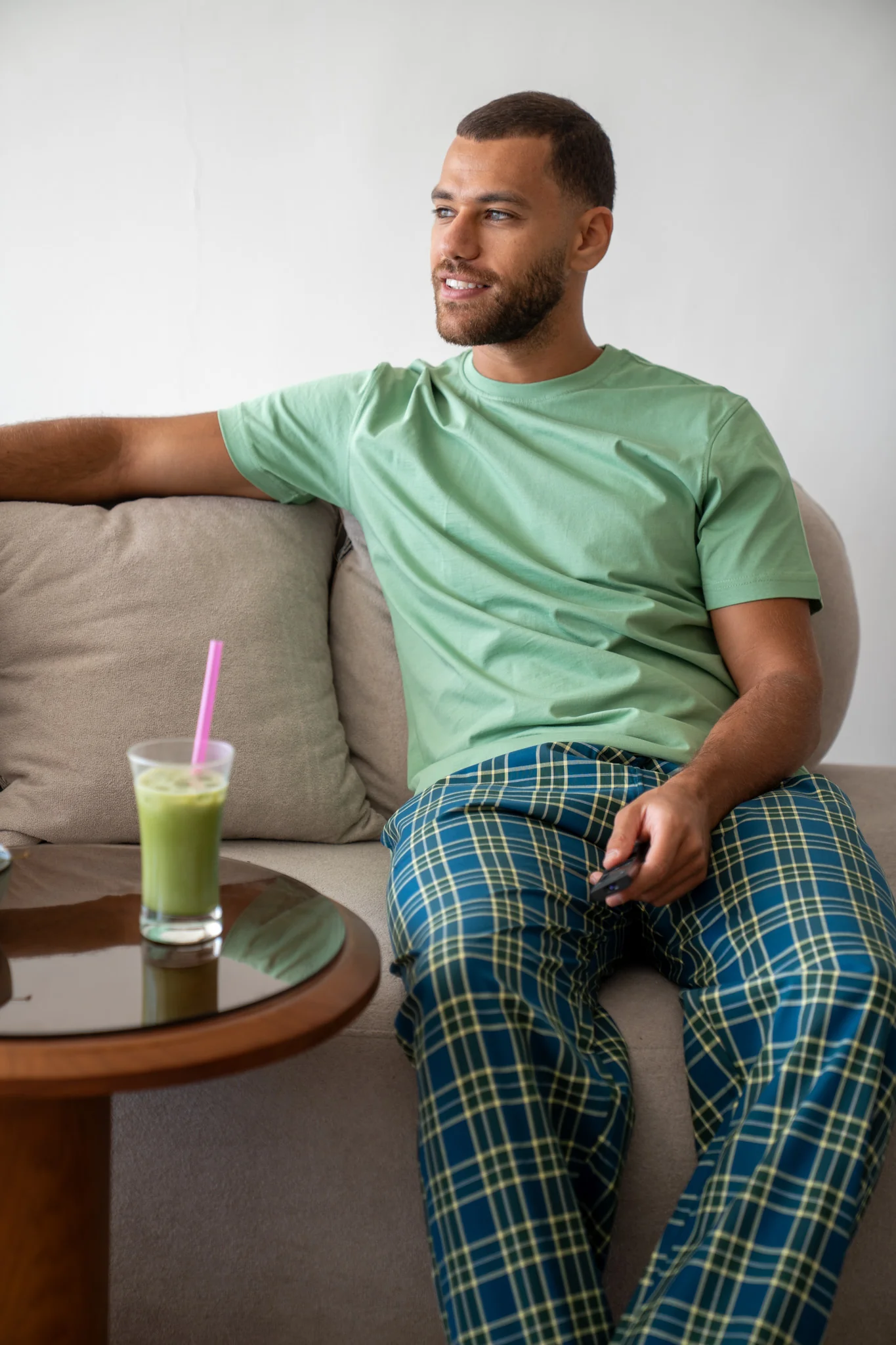 Men summer pajama set Pistache T-shirt + Navy Blue X Pistache Tartan Pants - Image 4