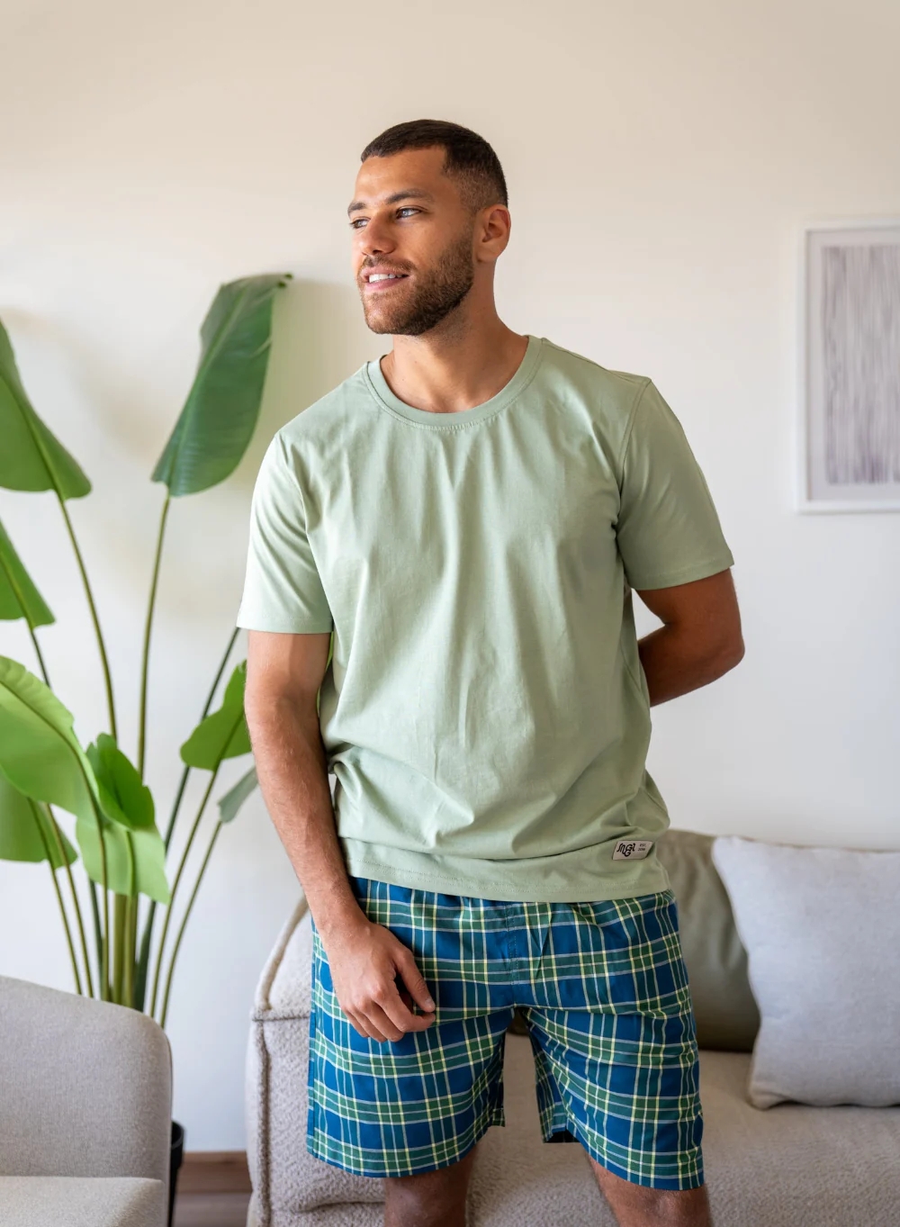 Men Summer Pajama Set Pistache T-shirt + Navy Blue X Pistache Tartan Short