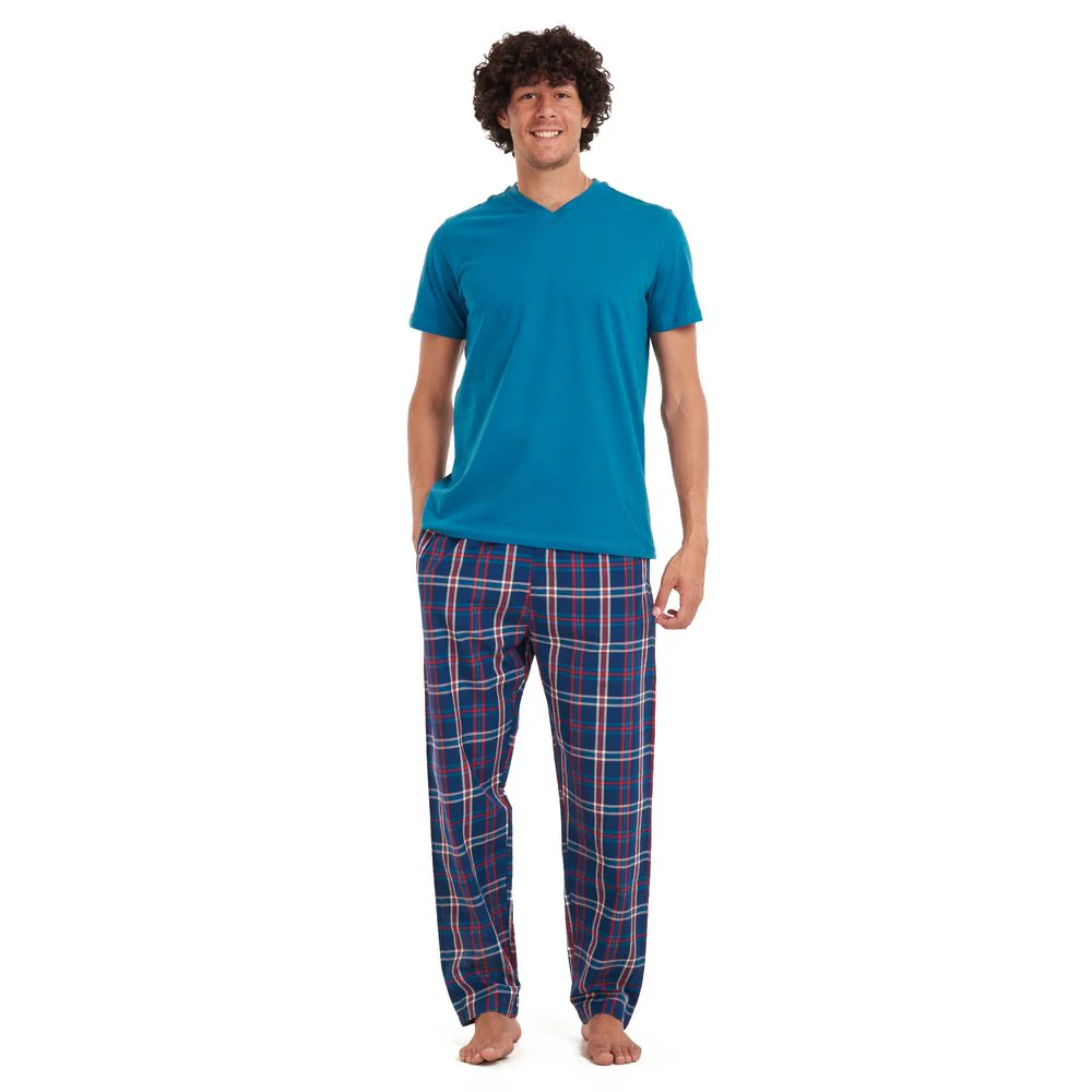 Men summer pajama set Teal T-shirt + Dark blue × Red checkered pants