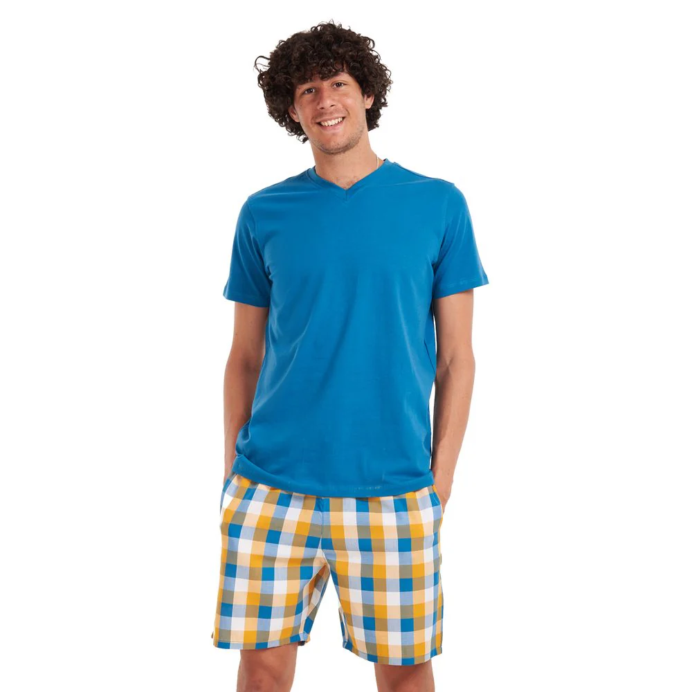 Men summer pajama set Teal T-shirt + Yellow checkered shorts