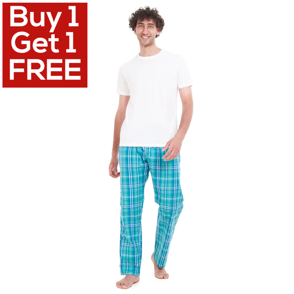 Men summer pajama set White T-shirt + Aqua x Green Checkered pants