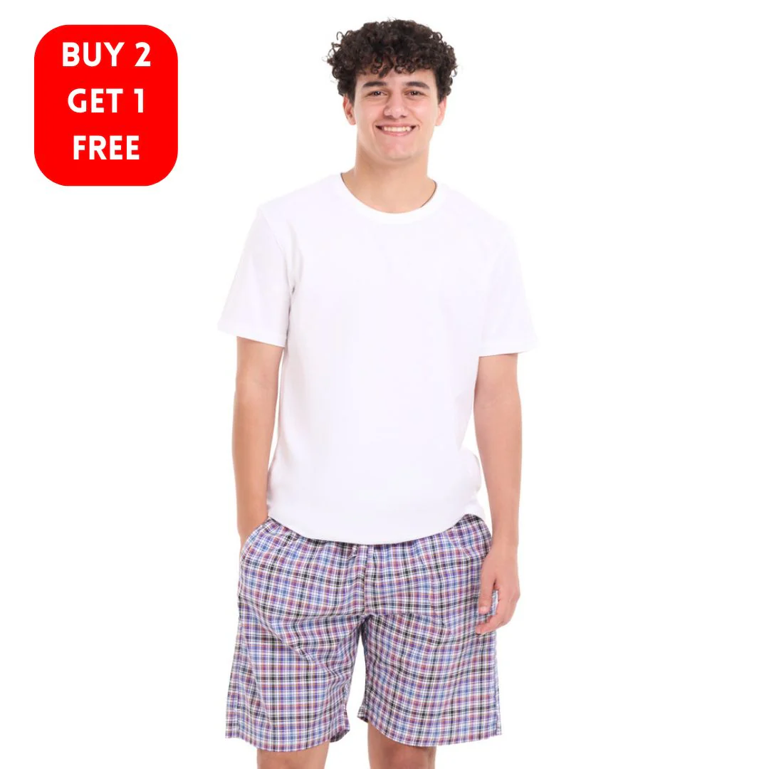 Men summer pajama set White T-shirt + Black x Dark purple Checkered shorts