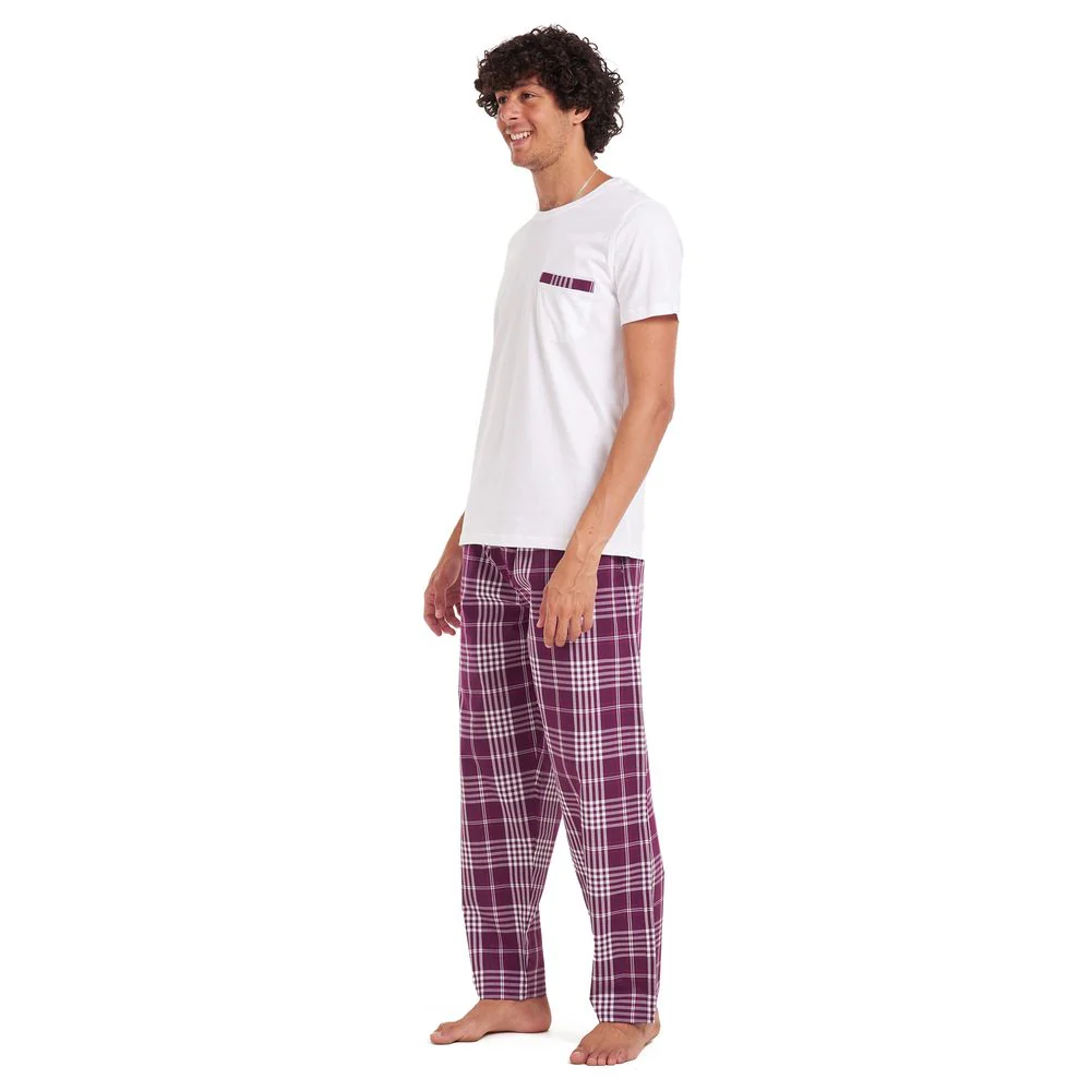 Men summer pajama set White T-shirt + Burgundy checkered pants